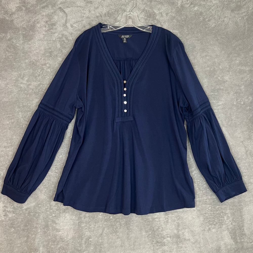 Lauren Ralph Lauren‎ Black Label Cotton Jersey Puff Sleeve Top Womens 2X Navy